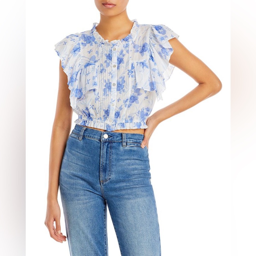 NWT LoveShackFancy Nora Crop Top With Ruffles Button in Strong Current Floral